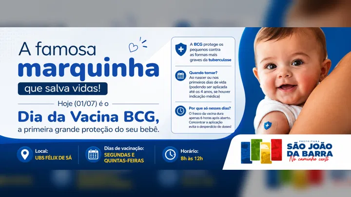 São João da Barra reforça importância da vacina BCG, primeira proteção do bebê contra formas graves da tuberculose