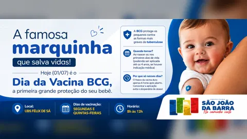 São João da Barra reforça importância da vacina BCG, primeira proteção do bebê contra formas graves da tuberculose